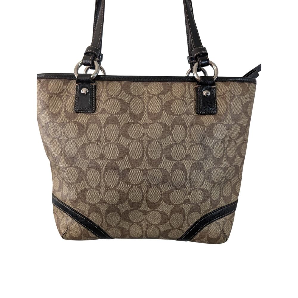 COACH! LUXE BROWN GENUINE LEATHER & TAN MONOGRAM PEYTON HANDBAG, PURSE, BAG! - Picture 9 of 14